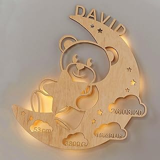 LAUBLUST Schlummerlicht Bär im Mond – Personalisiertes Baby-Geschenk zur Geburt & Taufe – LED Be…
