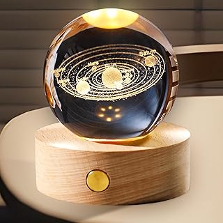 3D Kristallkugel Nachtlicht mit Holzsockel, USB 3D Kristallkugel Sonnensystem Planeten 60mm Glask…