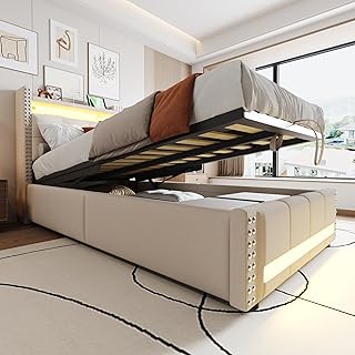 Generisch Polsterbett Kinderbett 90x200cm mit LED-Beleuchtung & USB-Ladestation | Hydraulisches S…