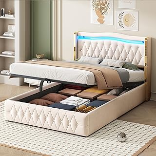 Generisch LED-Beleuchtetes Polsterbett 140x200cm mit Hydraulik-Speichersystem, Samtstoff Bezug in…