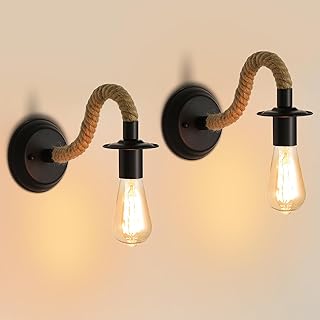 Comely 2 Stück Wandleuchte Retro, Wandlampe aus Hanfseil Schwarz E27, Industrial Wandleuchte Inn…