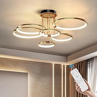 LED Deckenleuchte Modern Design Deckenlampen Gold 6-Ring Lampen Dimmbar Wohnzimmerlampe mit Fernb…