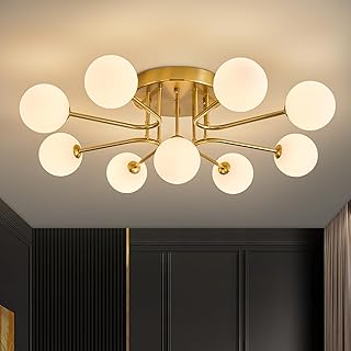 Moderne Deckenleuchte Vintage Gold Deckenlampe, Weiß Globe Sputnik Kronleuchter, 9-Lichter Desig…