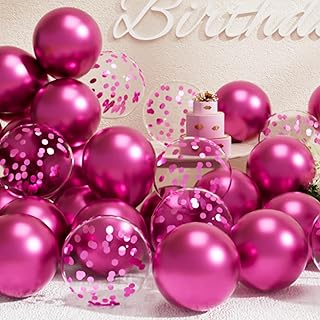 SUWEN Luftballons und Konfetti-Luftballons, Metallic-Ballons in Hot Pink, 47-teilig, Latex, Heliu…