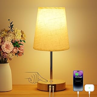 Suright Nachttischlampe Touch Dimmbar, Tischlampe mit USB A+C Ladeanschlüssen, Leinen-Lampenschi…