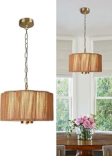 Hängelampe Rattan mit Stoffschirm Ø35 cm im Vintage-Stil, 3x E14, Höhenverstellbare Kette für…