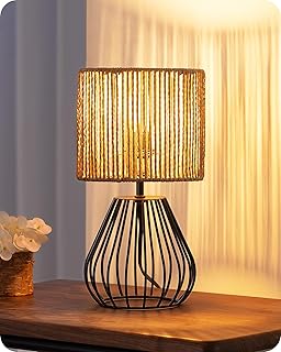 EDISHINE Tischlampe Wohnzimmer, Boho Tischleuchte mit gewebtem Papierseil-Schirm in Metallgitter-…