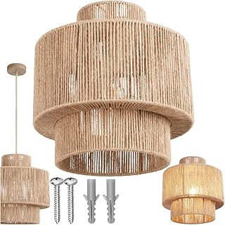 tectake® Hängelampe im Boho-Stil, Deckenleuchte, Wohnzimmerlampe aus Jute, Ø 32 cm Lampenschir…