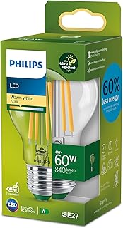 Philips LED Classic ultraeffiziente E27 Lampe (60 W), LED Lampe mit warmweißem Licht, energiespa…