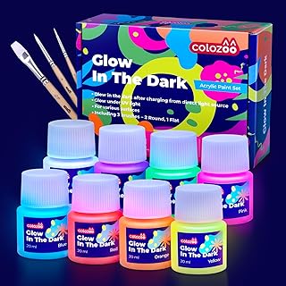 Glow in the Dark Acryl Farben Set | 8x20ml Fluoreszierende Farbe + 3 Pinsel | Die Nachtleuchtend …