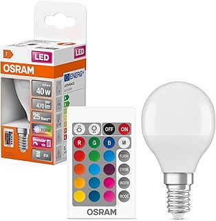 Osram STAR+ RGBW LED Lampe mit E14 Sockel, RGB-Farben per Fernbedienung änderbar, 5.5W, Tropfenf…