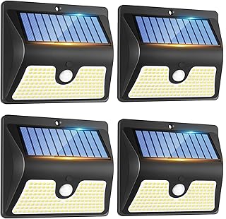 Rovnoes 4 Stück Solarlampen für Außen mit Bewegungsmelder – 150 LED 3 Modi Solar Strahler Auss…