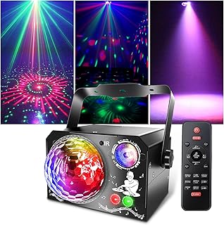 Fwiull Discolicht Partylicht, 4 in 1 Discokugel 65 Muster mit Fernbedienung, Musikgesteuert DJ Di…