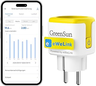 GreenSun WLAN Steckdose 16A 3680W Smart Plug mit Strommessgerät & Kostenrechner, Kompatibel mit …