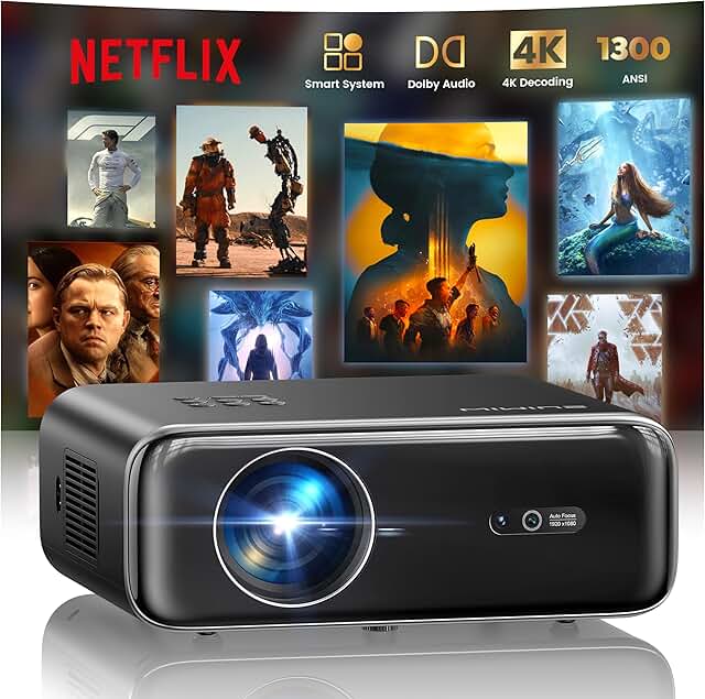 Smart Beamer, jetzt mit Netflix, Dolby Audio, WiMiUS 1300 ANSI Autofokus/6D Trapezkorrektur Led B…