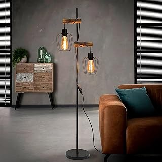 ZMH Stehlampe Wohnzimmer Holz Stehleuchte Schwarz – Vintage Wohnzimmerlampe stehend im Industrial…