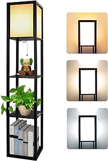 Stehlampe aus Holz, Stehleuchte mit Regal 3 Farbtemperaturen 3000-5000K, Holzablage mit E27 Fassu…