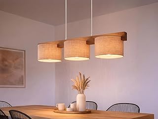 meineWunschleuchte Pendelleuchte mit Holzbalken & Stoff Beige, Breite 100cm, Esstischlampe Holz 3…